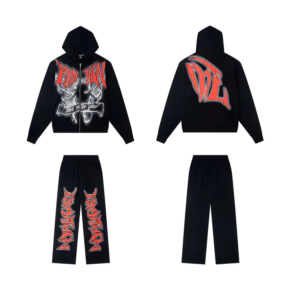 Mixed Emotion Black Graphic Zip Hoodie Tracksuit