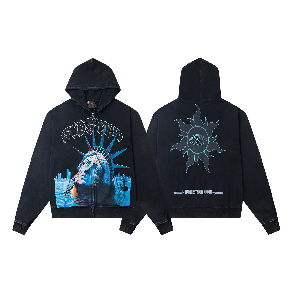 GODSPEED SUBMERGED STATUE OF LIBERTY ZIP‑UP HOODIE WASHED BLACK