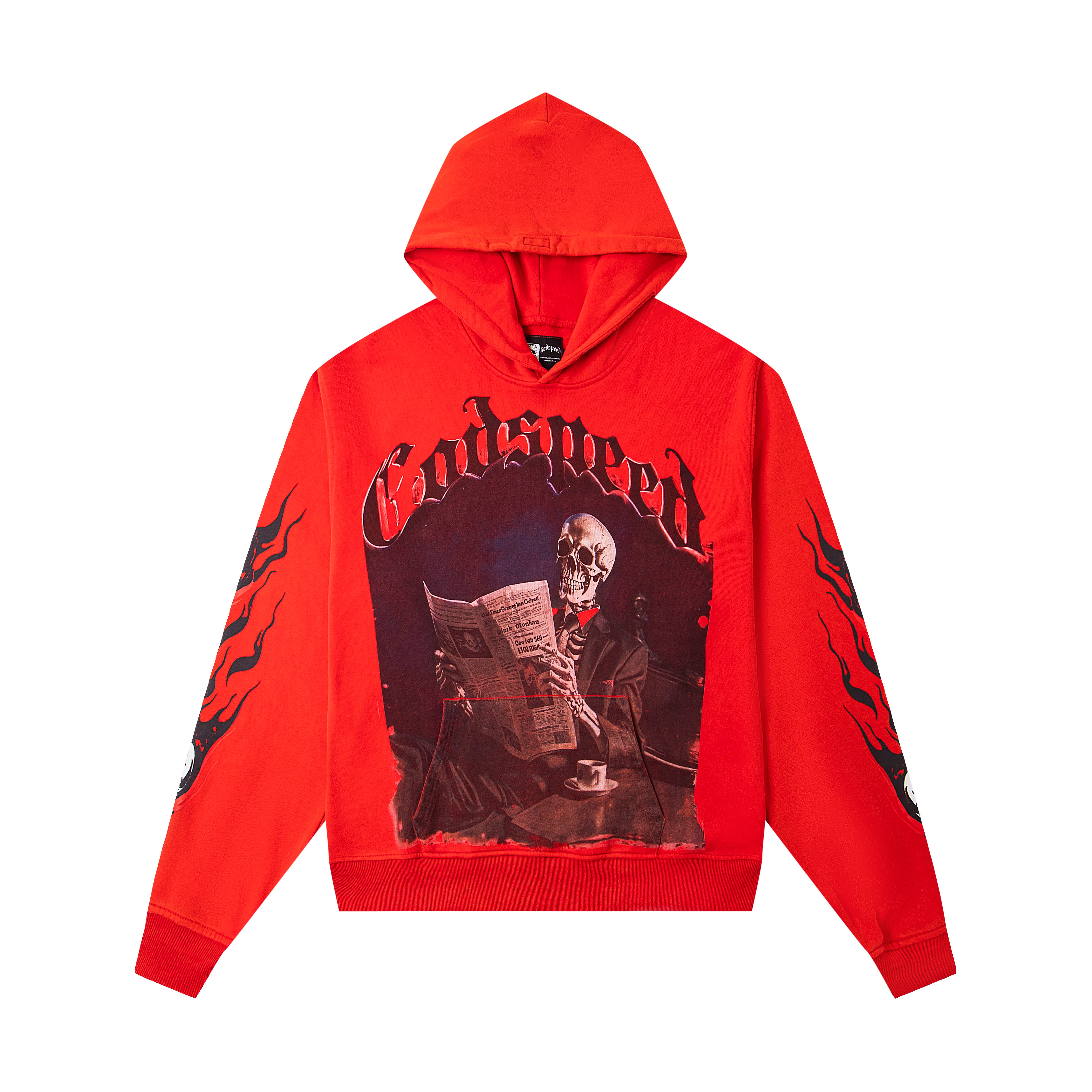 GODSPEED SKELETON READING NEWSPAPER GRAPHIC PULLOVER HOODIE RED