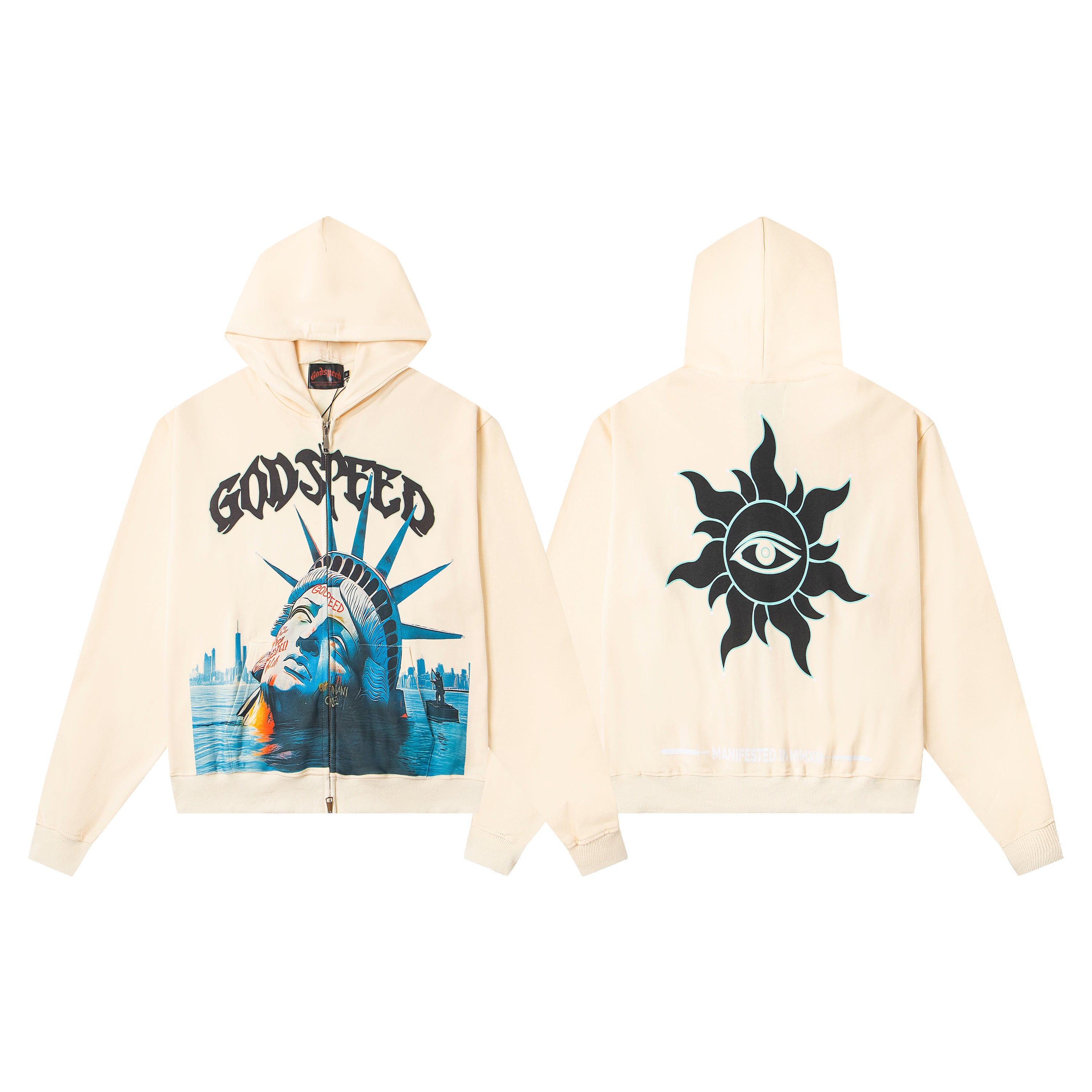 GODSPEED SUBMERGED STATUE OF LIBERTY ZIP‑UP HOODIE CREAM OFF‑WHITE