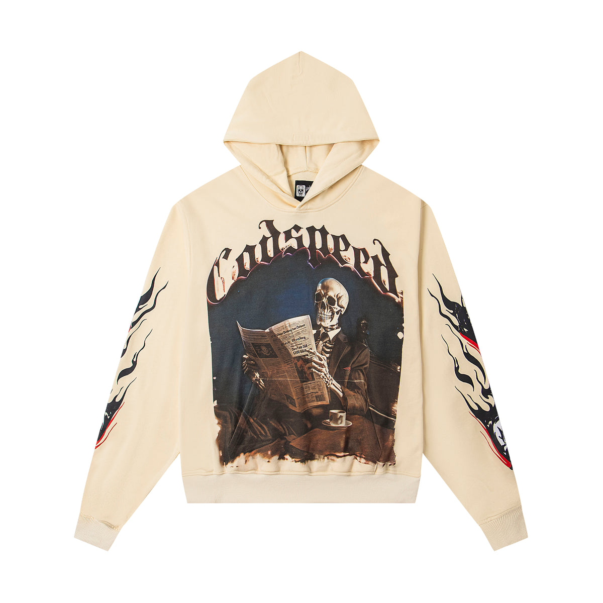 GODSPEED SKELETON READING NEWSPAPER GRAPHIC PULLOVER HOODIE CREAM OFF‑WHITE