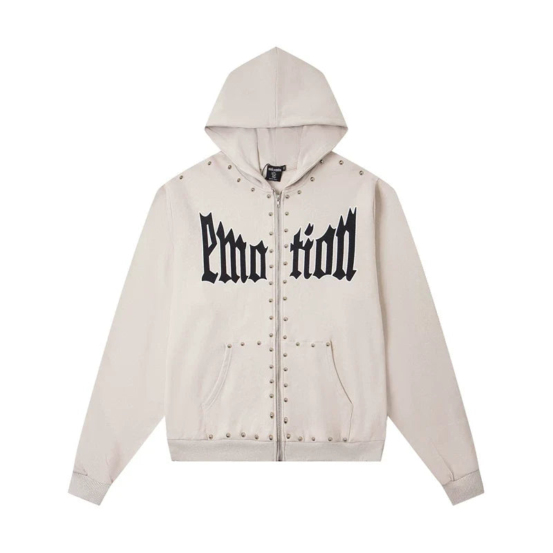 Mixed Emotion Beige Studded Gothic Zip Up Hoodie