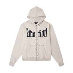 Mixed Emotion Beige Studded Gothic Zip Up Hoodie