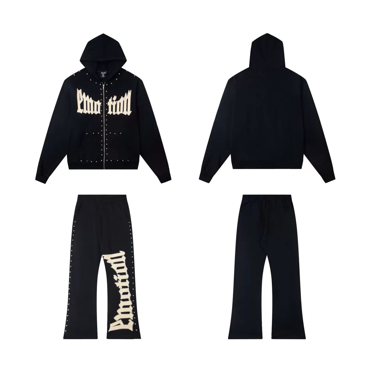 Mixed Emotion Black Studded Zip Hoodie Tracksuit