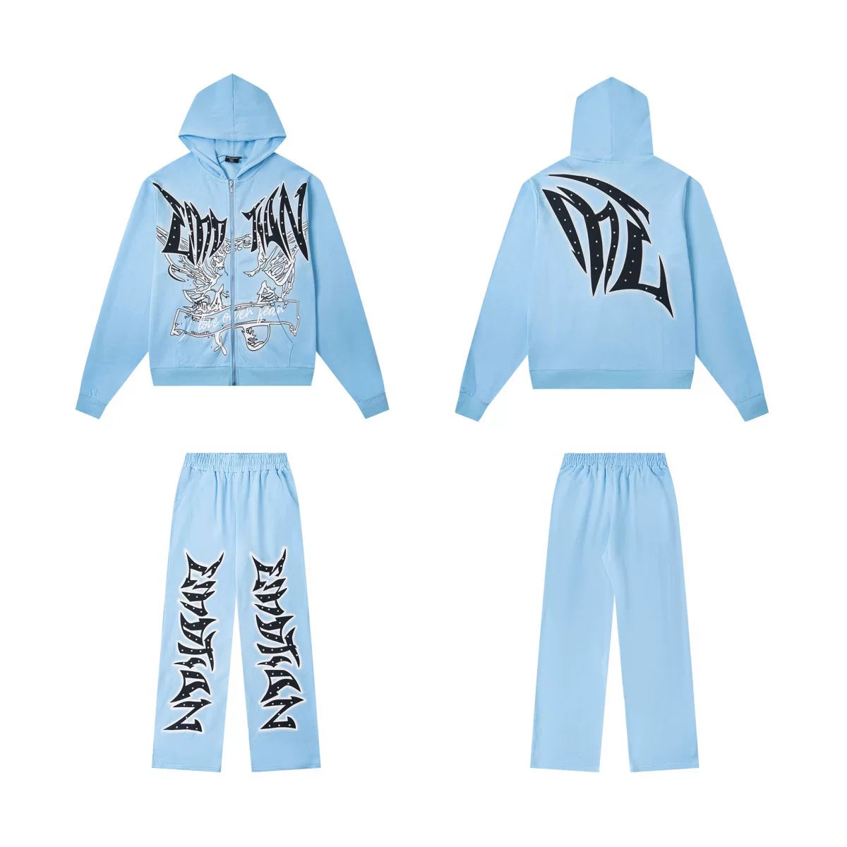 Mixed Emotion Blue Graphic Zip Hoodie Tracksuit