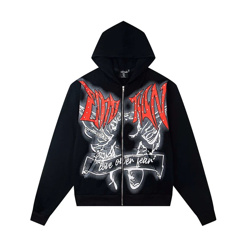 Mixed Emotion Black Red Gothic Wing Graphic Zip Up Hoodie