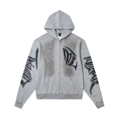 Mixed Emotion Grey Washed Gothic Graphic Zip Up Hoodie