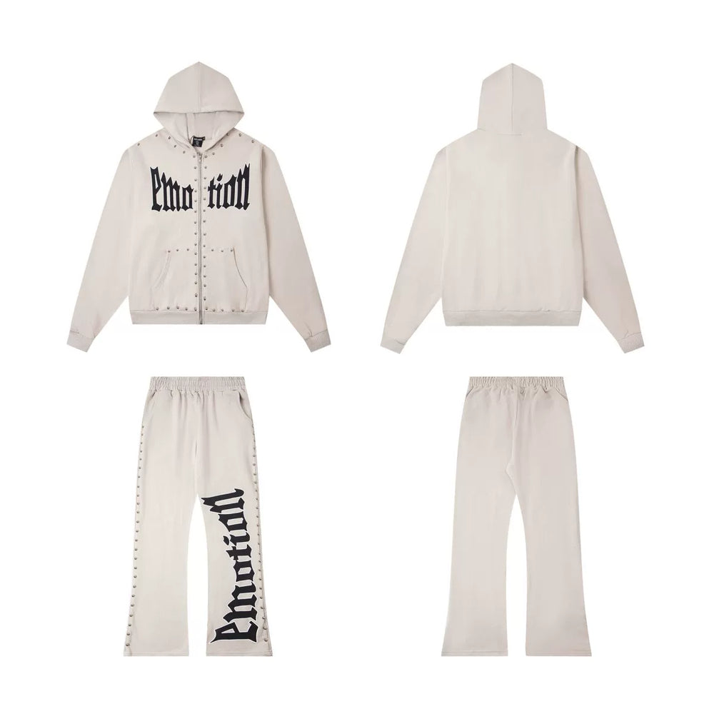 Mixed Emotion Beige Studded Zip Hoodie Tracksuit