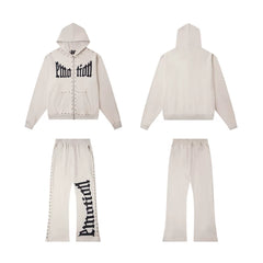 Mixed Emotion Beige Studded Zip Hoodie Tracksuit