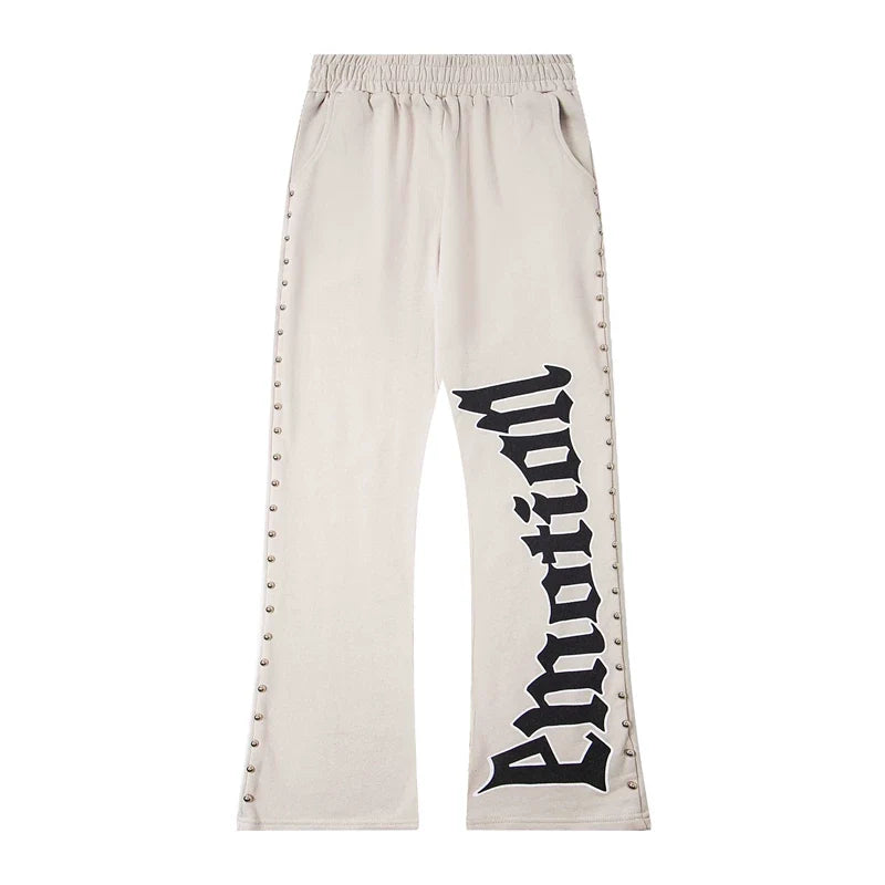 Mixed Emotion Beige Studded Gothic Flare Sweatpants