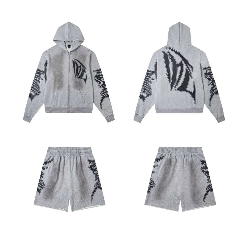 Mixed Emotion Grey Washed Graphic Zip Hoodie Short Set