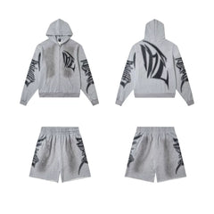 Mixed Emotion Grey Washed Graphic Zip Hoodie Short Set