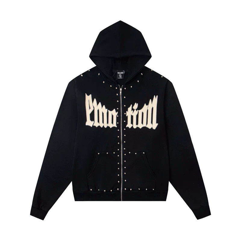Mixed Emotion Black Studded Gothic Zip Up Hoodie