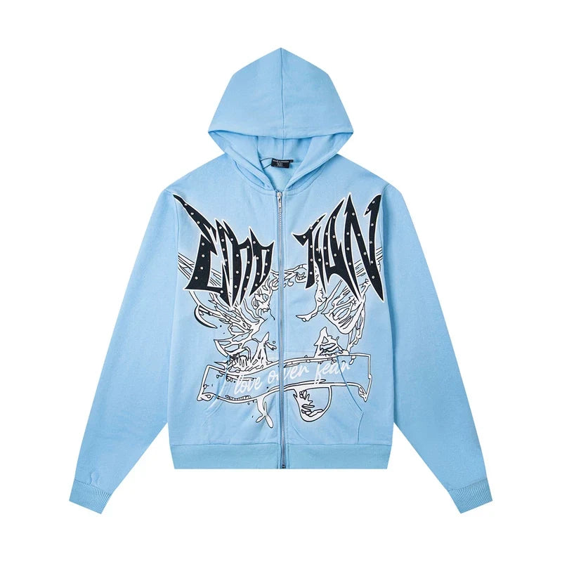 Mixed Emotion Light Blue Gothic Graphic Zip Up Hoodie