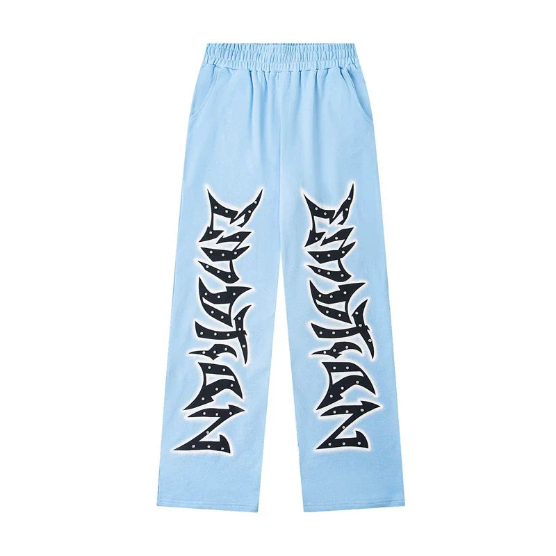 Mixed Emotion Light Blue Gothic Graphic Wide Leg Sweatpants