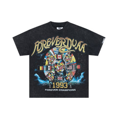 DUAA Washed Black 1993 Forever Champions World Flag Oversized T‑Shirt