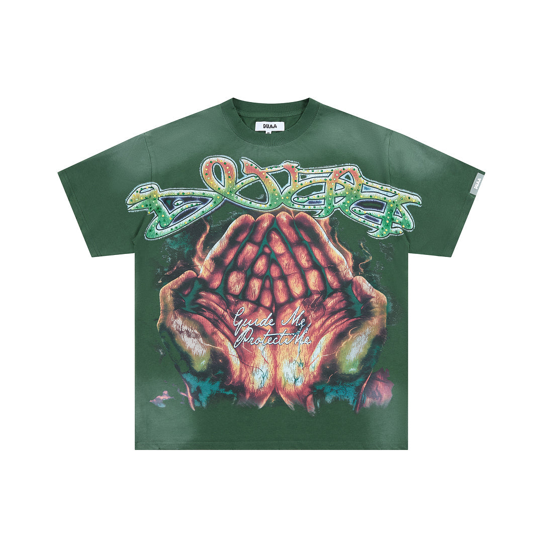 DUAA PRAYING HANDS RHINESTONE GREEN VINTAGE WASH T‑SHIRT