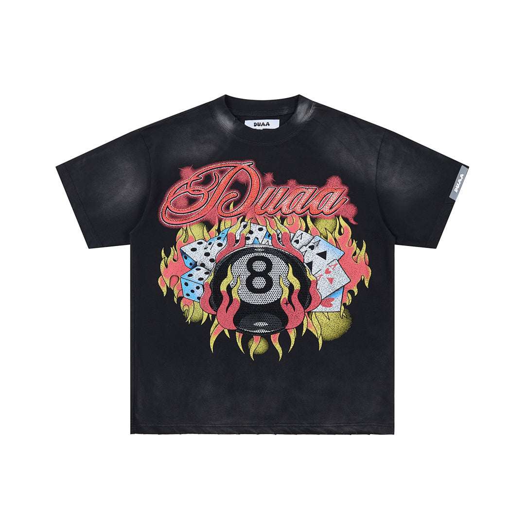 DUAA 8‑BALL DICE CARDS FLAME RHINESTONE VINTAGE WASH T‑SHIRT