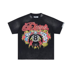 DUAA 8‑BALL DICE CARDS FLAME RHINESTONE VINTAGE WASH T‑SHIRT
