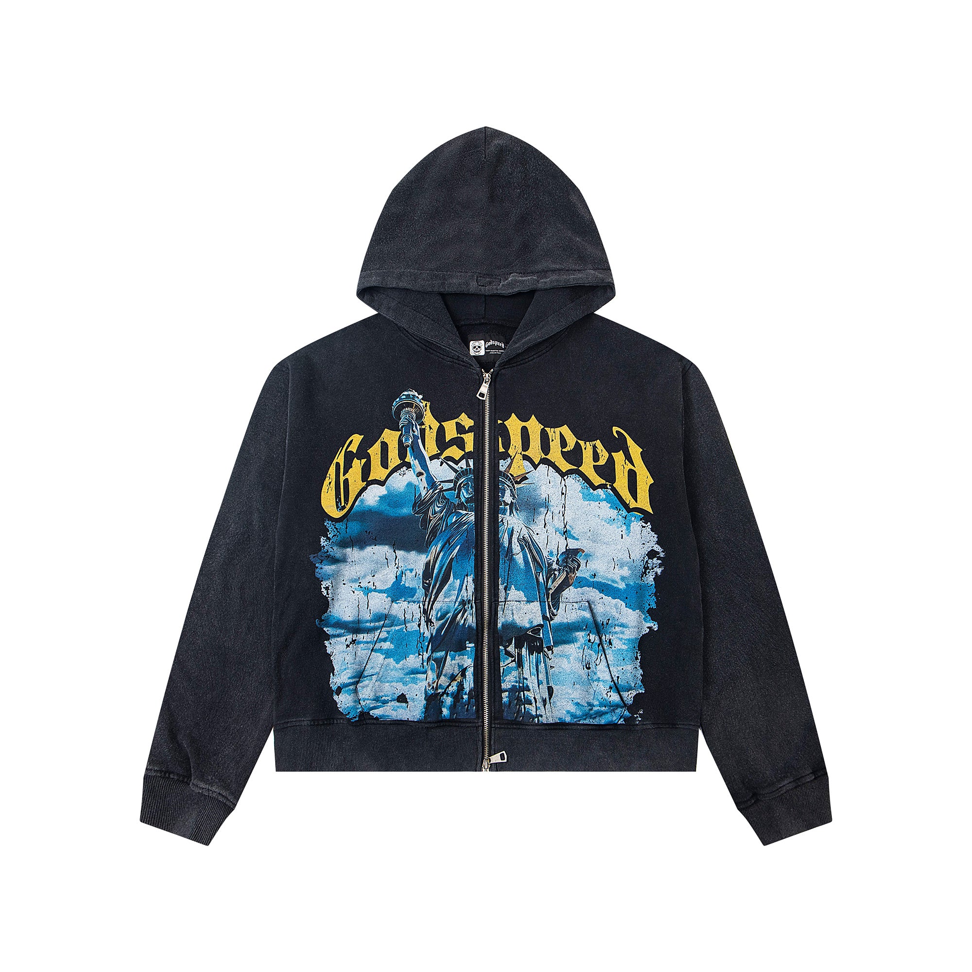 GODSPEED STATUE OF LIBERTY GRAPHIC ZIP‑UP HOODIE WASHED BLACK
