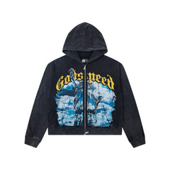 GODSPEED STATUE OF LIBERTY GRAPHIC ZIP‑UP HOODIE WASHED BLACK